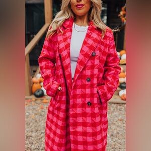 Women’s Red & Pink Knee Length Houndstooth Checkered Coat Size 2X